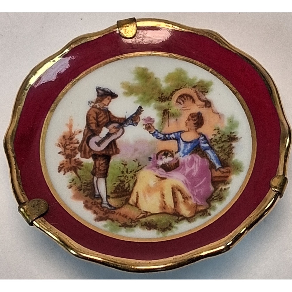 Vintage Limoges France Miniature Plate Fragonard Courting Couple Maroon & Gold